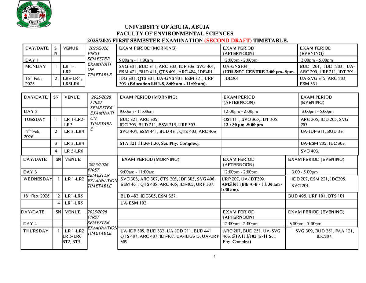 FES 2025-2026 First Semester Exam Timetable - Studocu