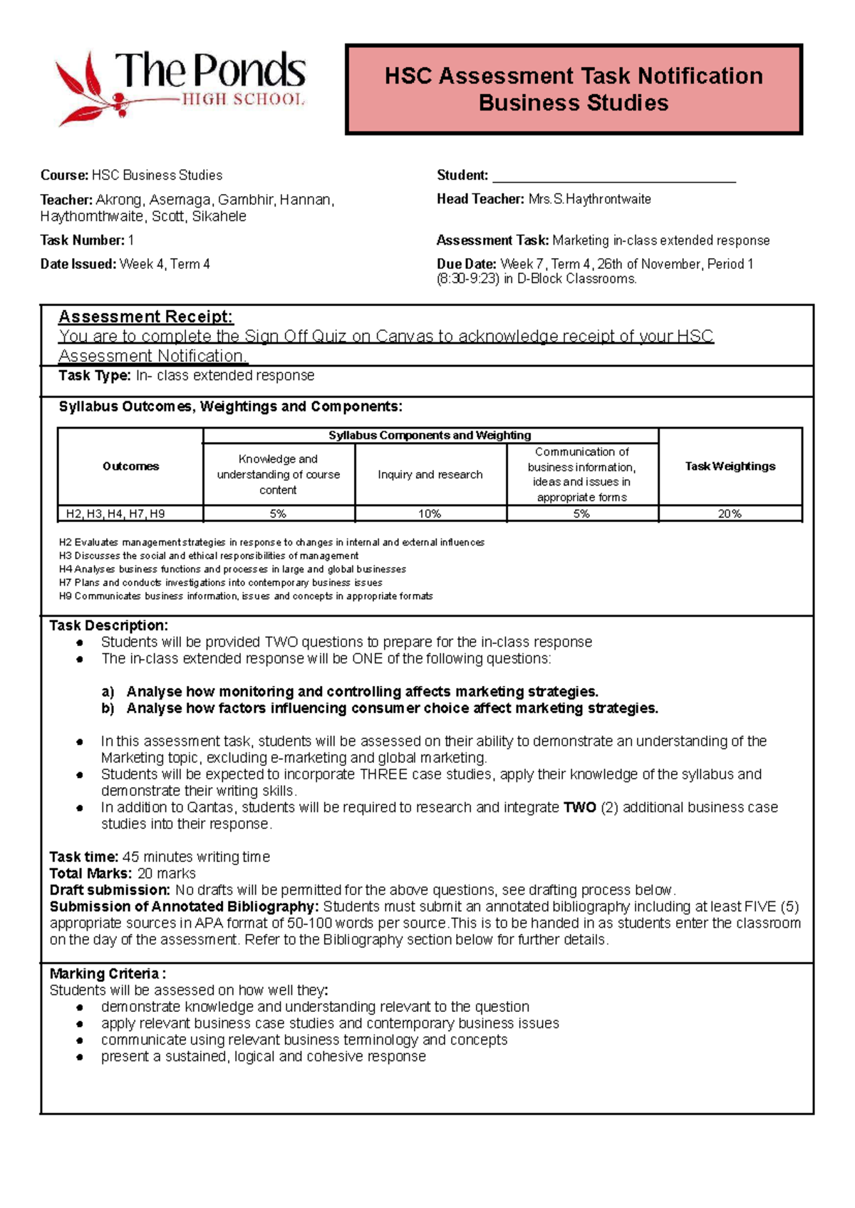 HSC Task 1: Marketing In-Class Extended Response - Business Studies ...