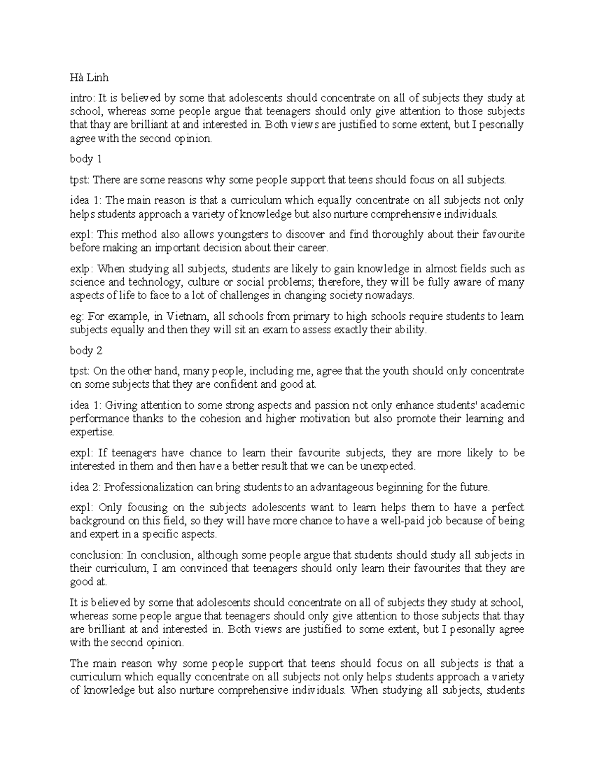 Writing 26-3 Hà Linh: The Debate on Subject Focus for Teens - Studocu