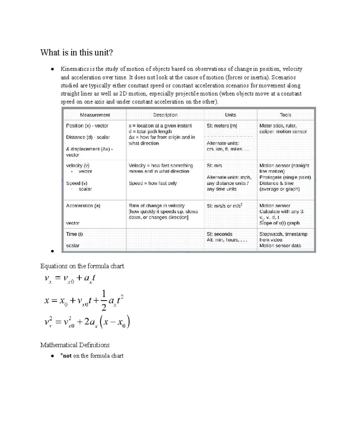 Kinematics Concepts and Equations: Motion Analysis Study Guide (PHYS ...