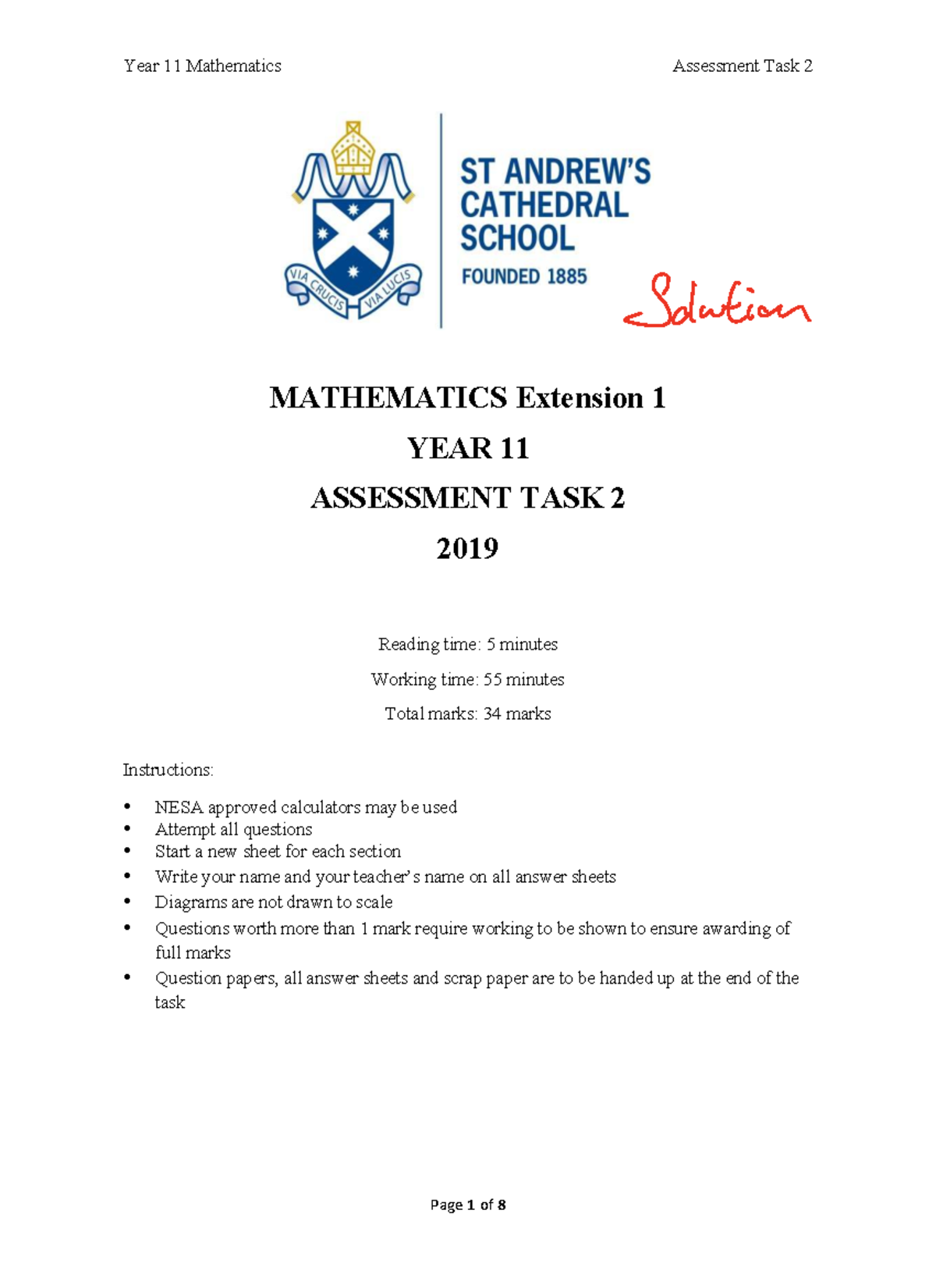 Year 11 Mathematics Assessment Task 2 Solutions - Extension 1 2019 ...