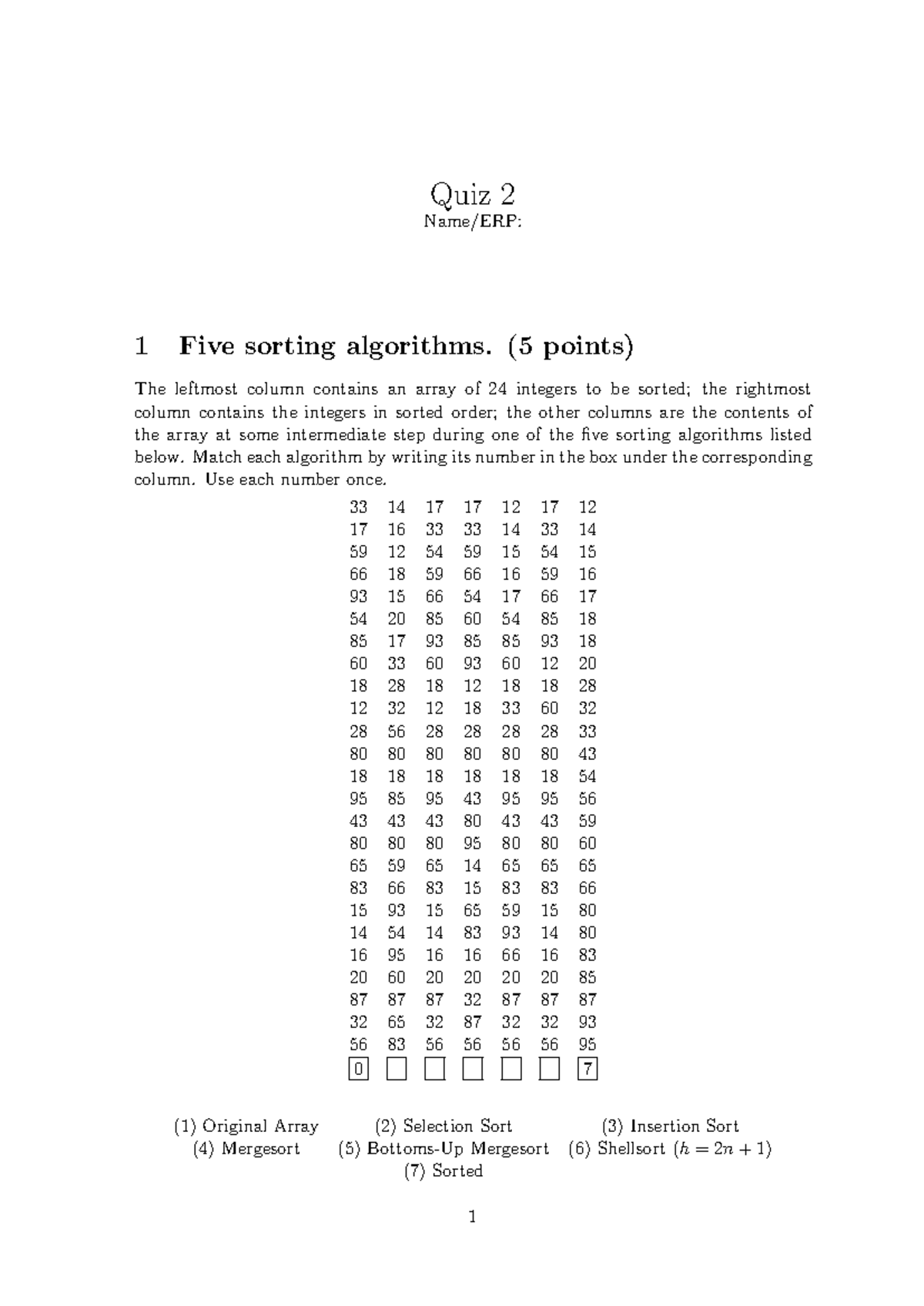 DS Quiz 2 - quiz - Quiz 2 Name/ERP: 1 Five sorting algorithms. (5 ...