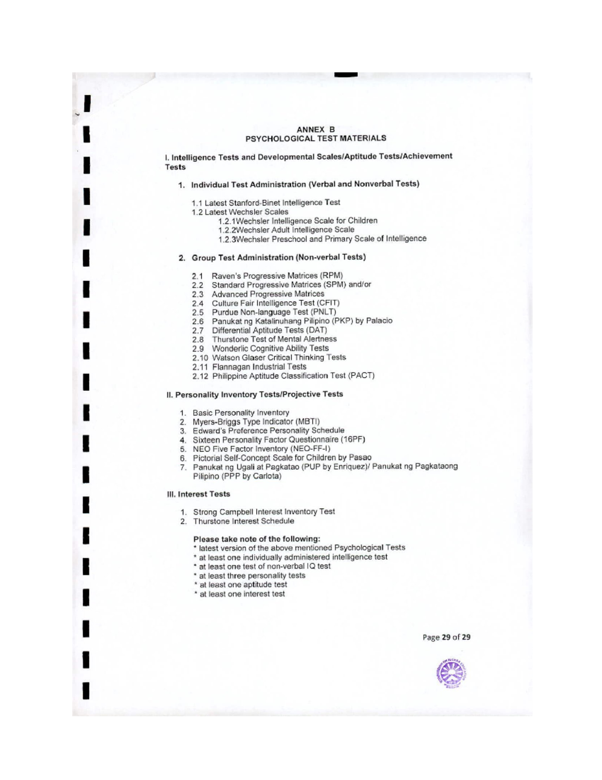 Psychological Tests Overview: Ched Memo No. 34, Series 2017 - Studocu