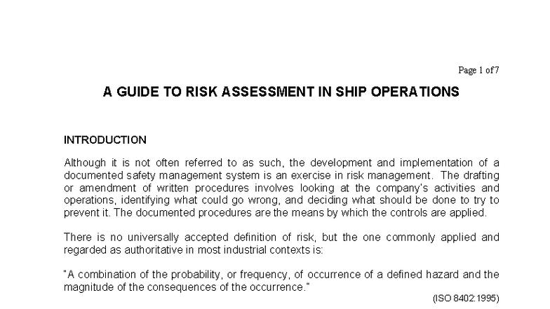 A Guide to Risk Assessment in Ship Operations (ISM Code) - Studocu