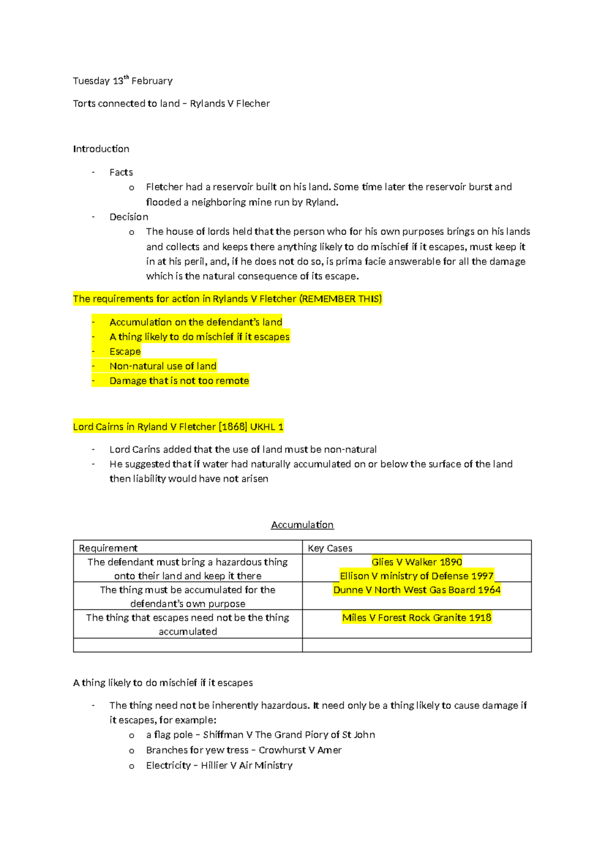 Torts Connected to Land: Analysis of Rylands v Fletcher (LAW 101) - Studocu
