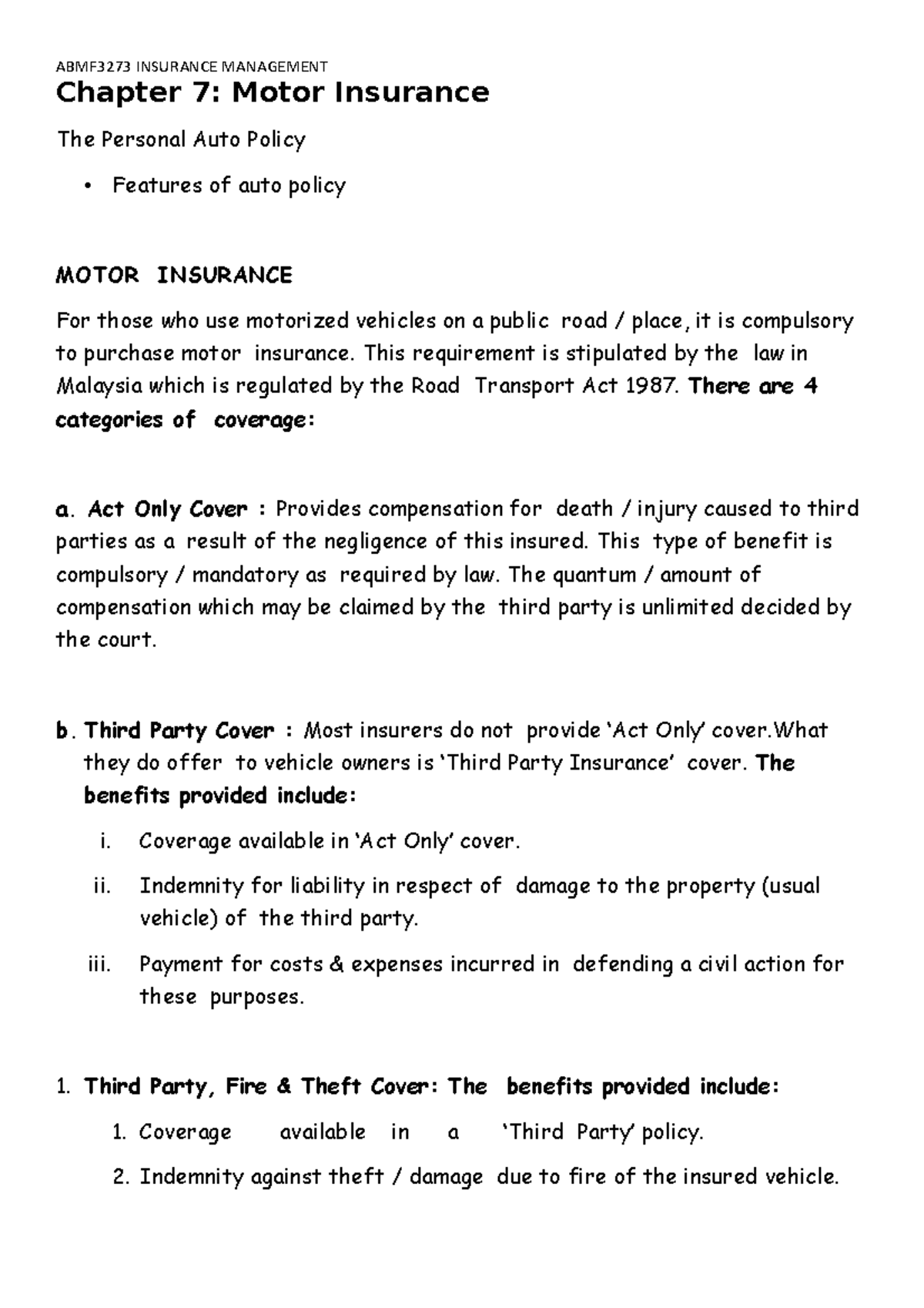 Chapter 7 Insurance Management Year 2 Sem 3 - Chapter 7: Motor ...