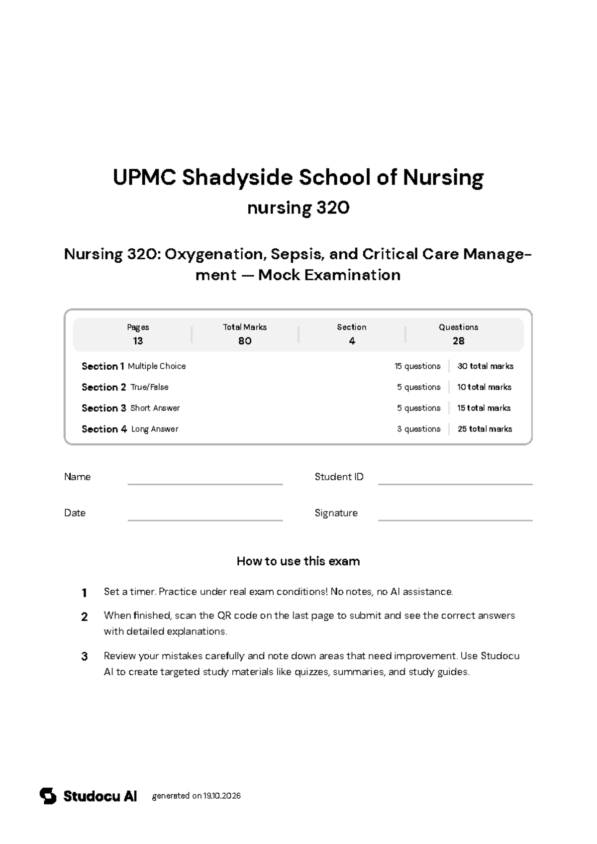 Nursing 320: Mock Exam on Oxygenation and Sepsis - Studocu