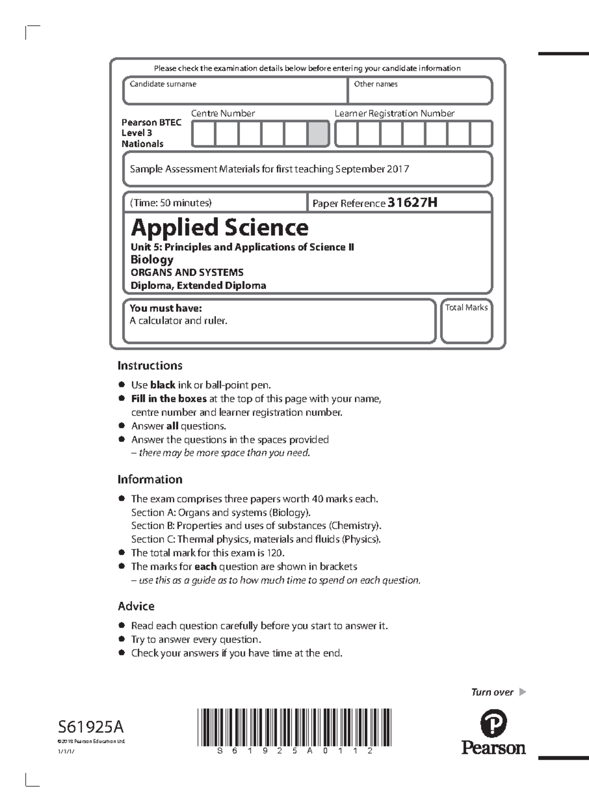 S61925 BTEC Applied Science 31627H Unit 5 Exam Preparation Guide - Studocu