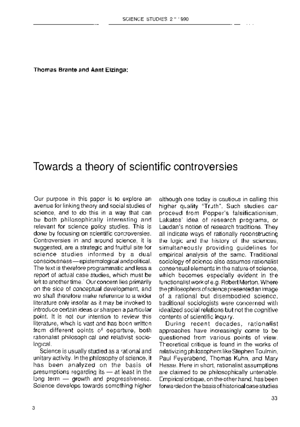 SCIENCE STUDIES 2n: Towards a Theory of Scientific Controversies - Studocu