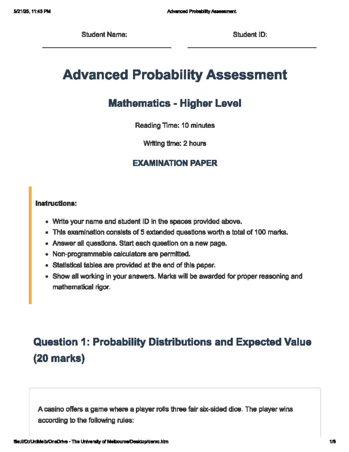 Advanced Probability Assessment (MATH 101) - Chapter 2 Questions - Studocu