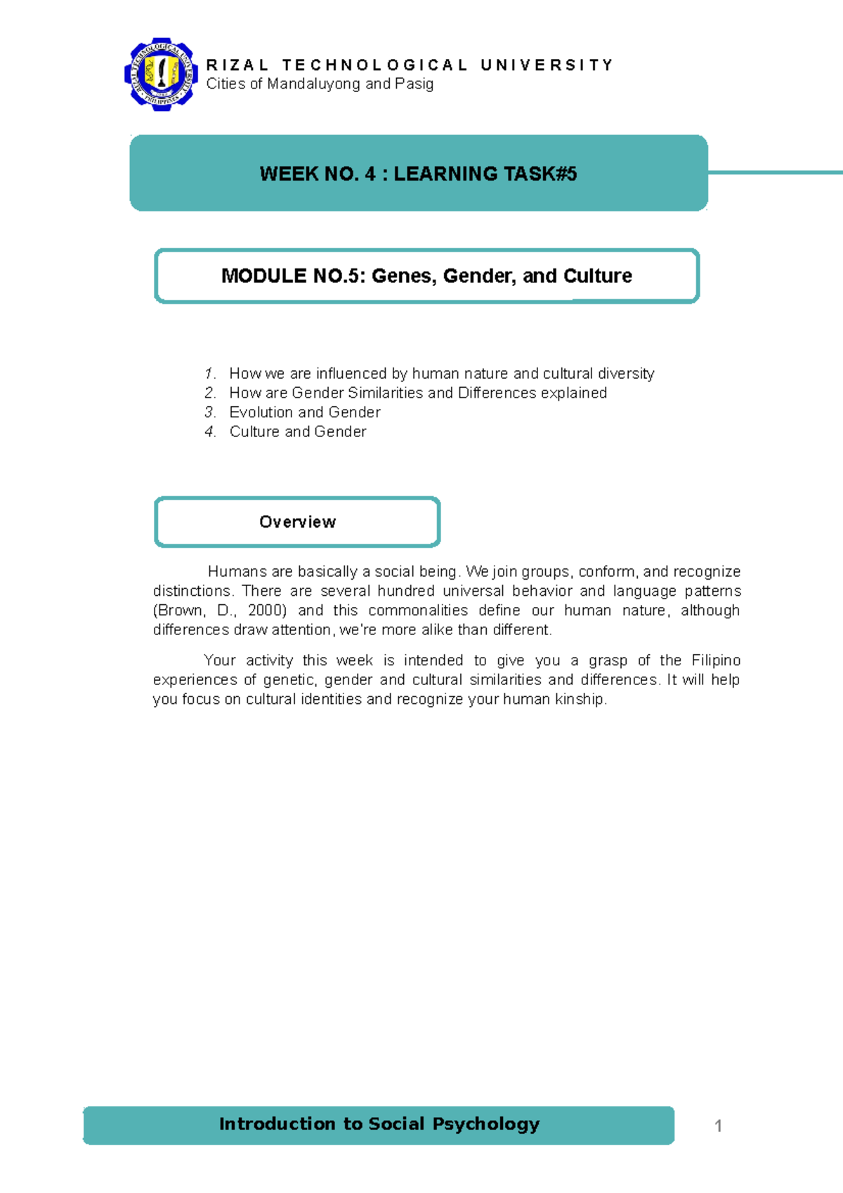 Activity - Week 4: Genes, Gender & Culture in Social Psychology 1 - Studocu
