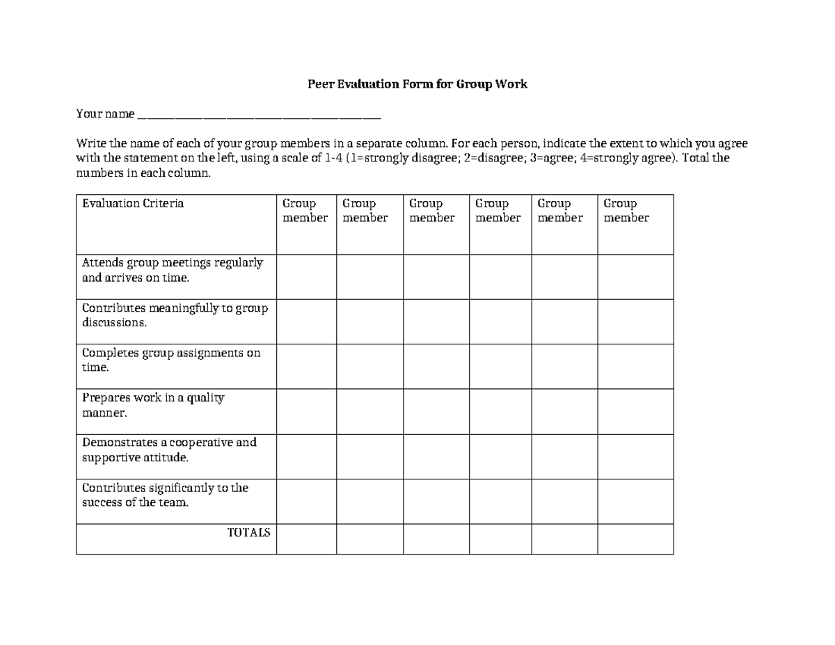 Peer Eval for Case Discussion and Group Work - Peer Evaluation Form for ...
