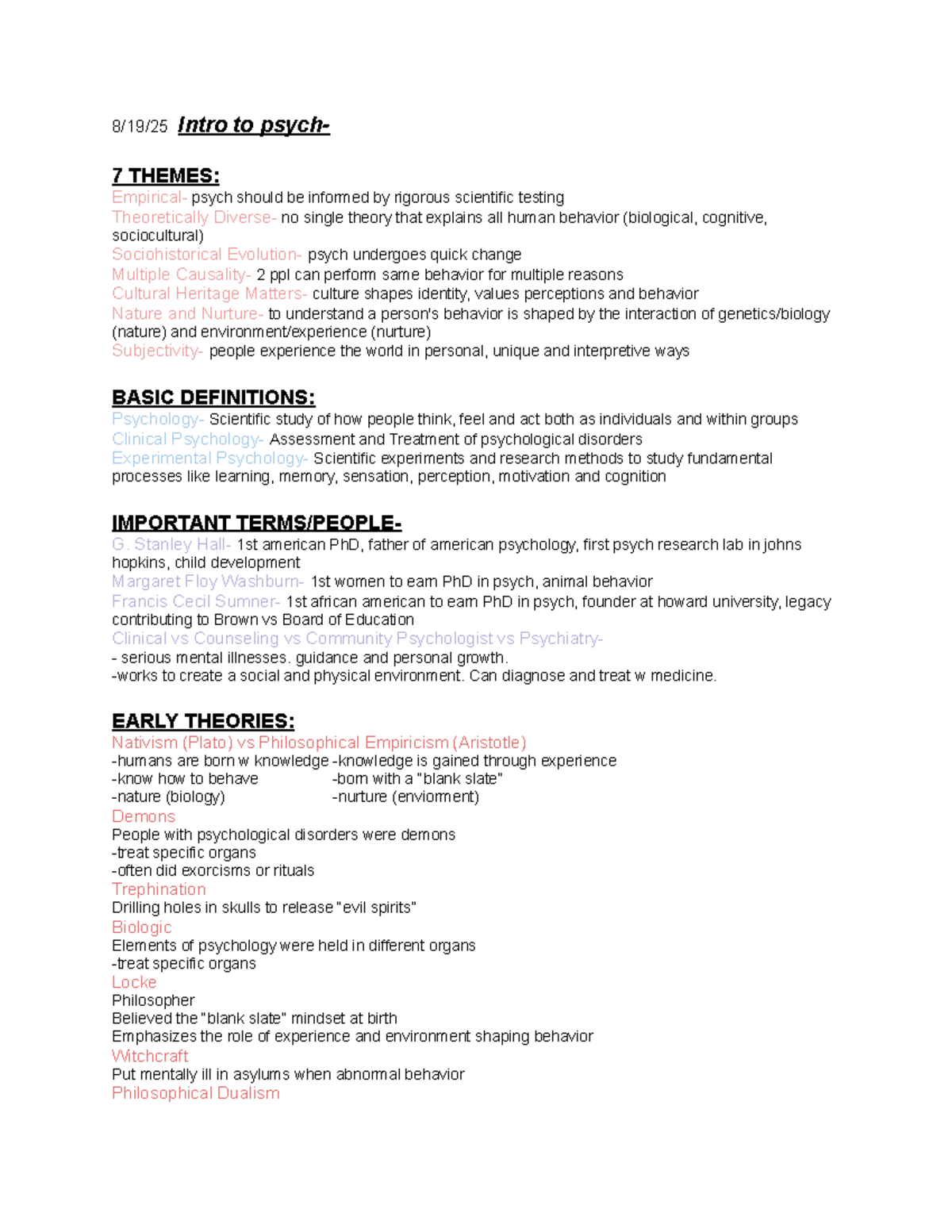 Ch1 Psych - Lecture Notes on Key Themes and Theories - Studocu