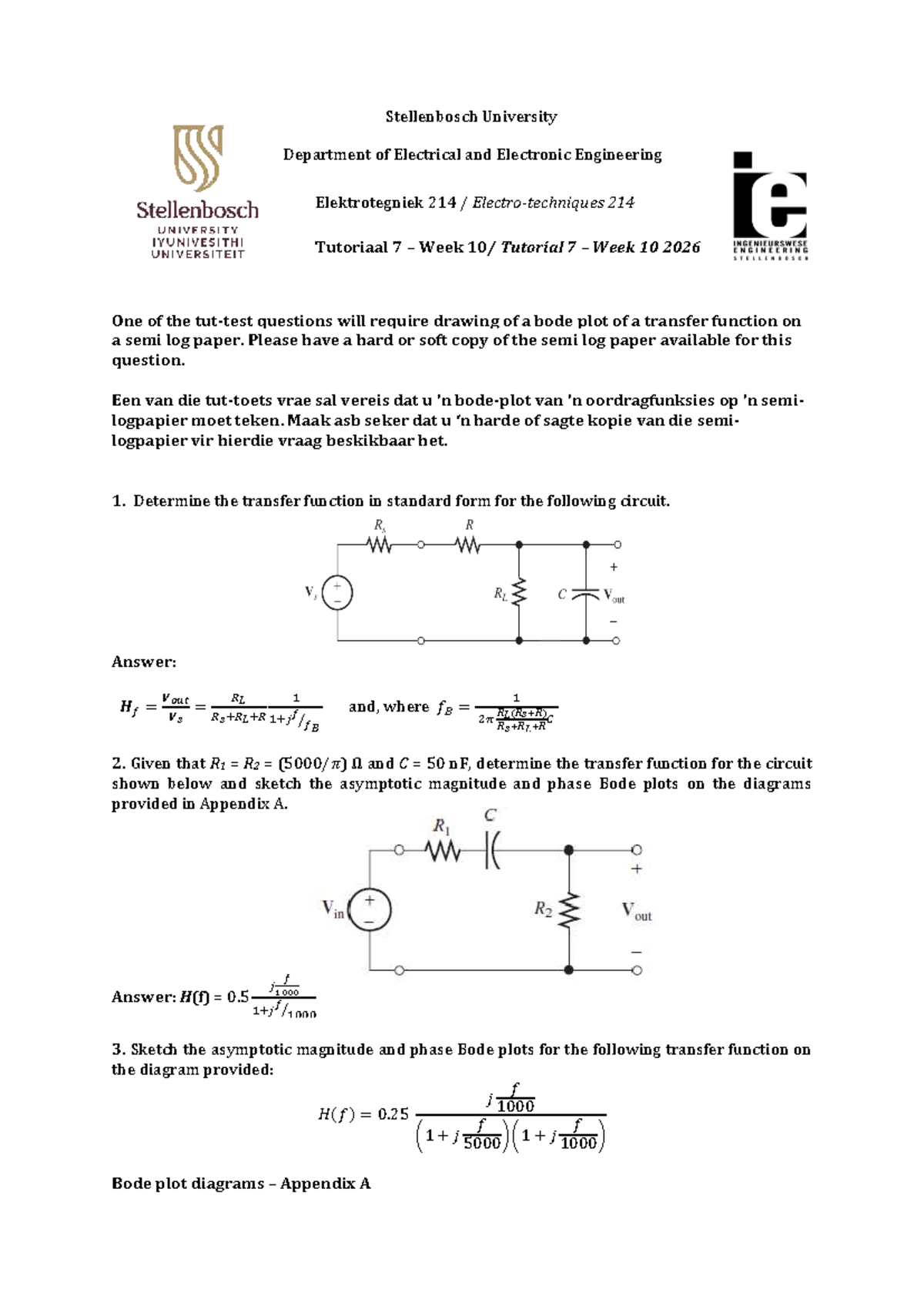 Elektrotegniek 214 - Week 10 Tutorial 7 Bode Plot Analysis 2026 - Studocu