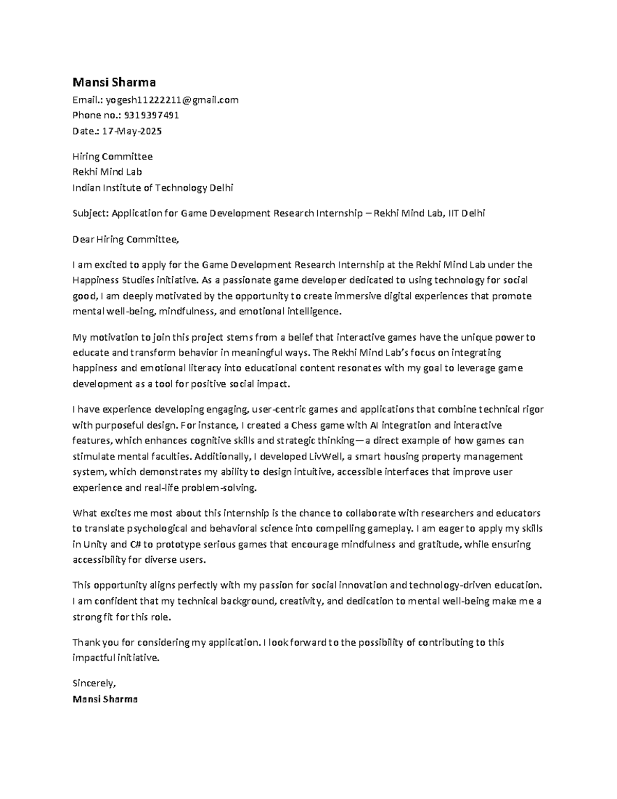Game Development Research Internship Application - Mansi Sharma - Studocu