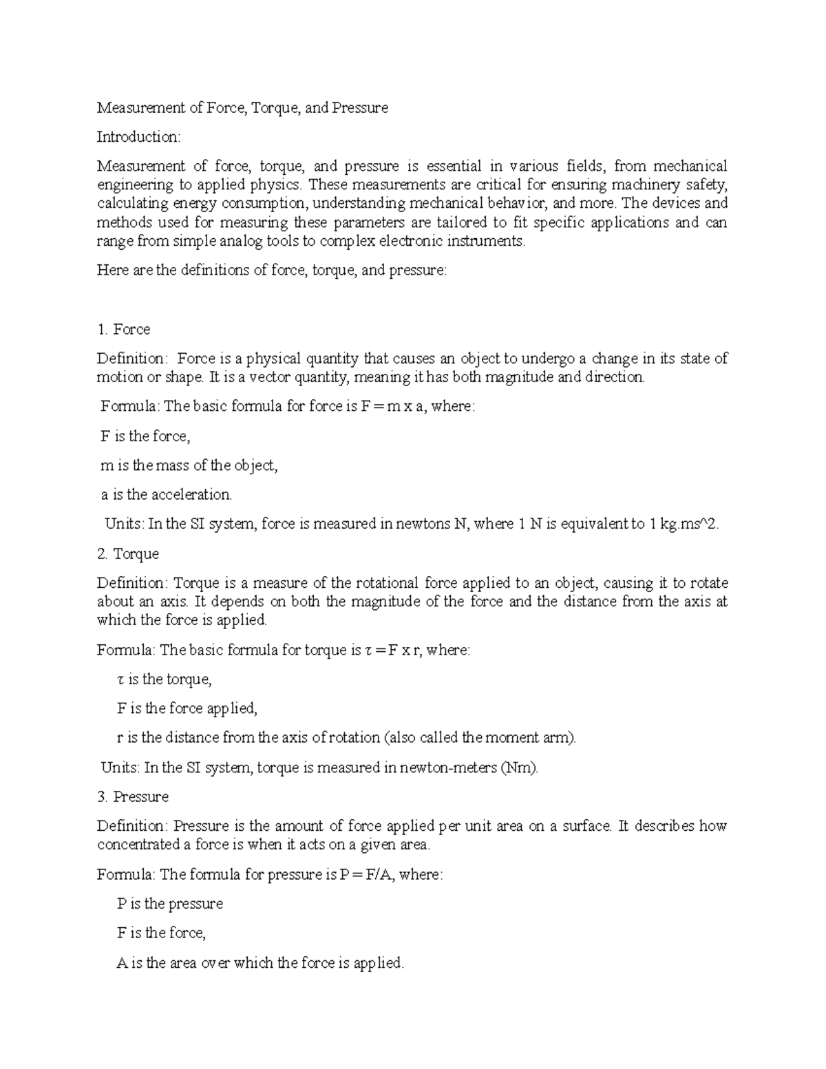 Measurement of Force, Torque, and Pressure - Exam Focus - Studocu
