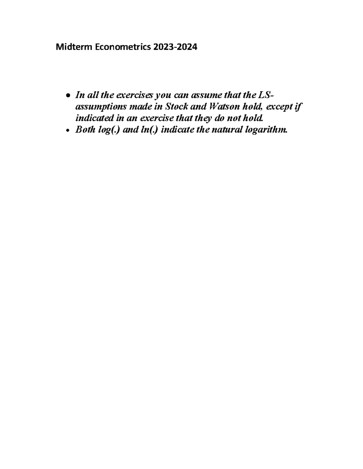 Midterm Econometrics 2023-2024 Solutions and Analysis - Studeersnel