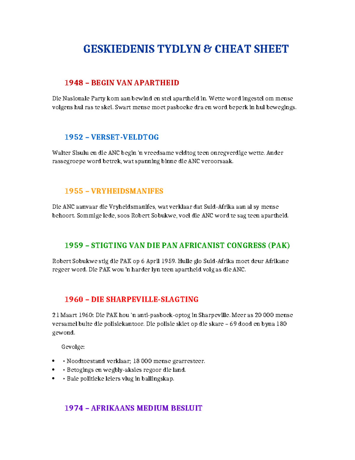 GESKIEDENIS TYDLYN CHEAT SHEET: APARTHEID 1948-1974 - Studocu