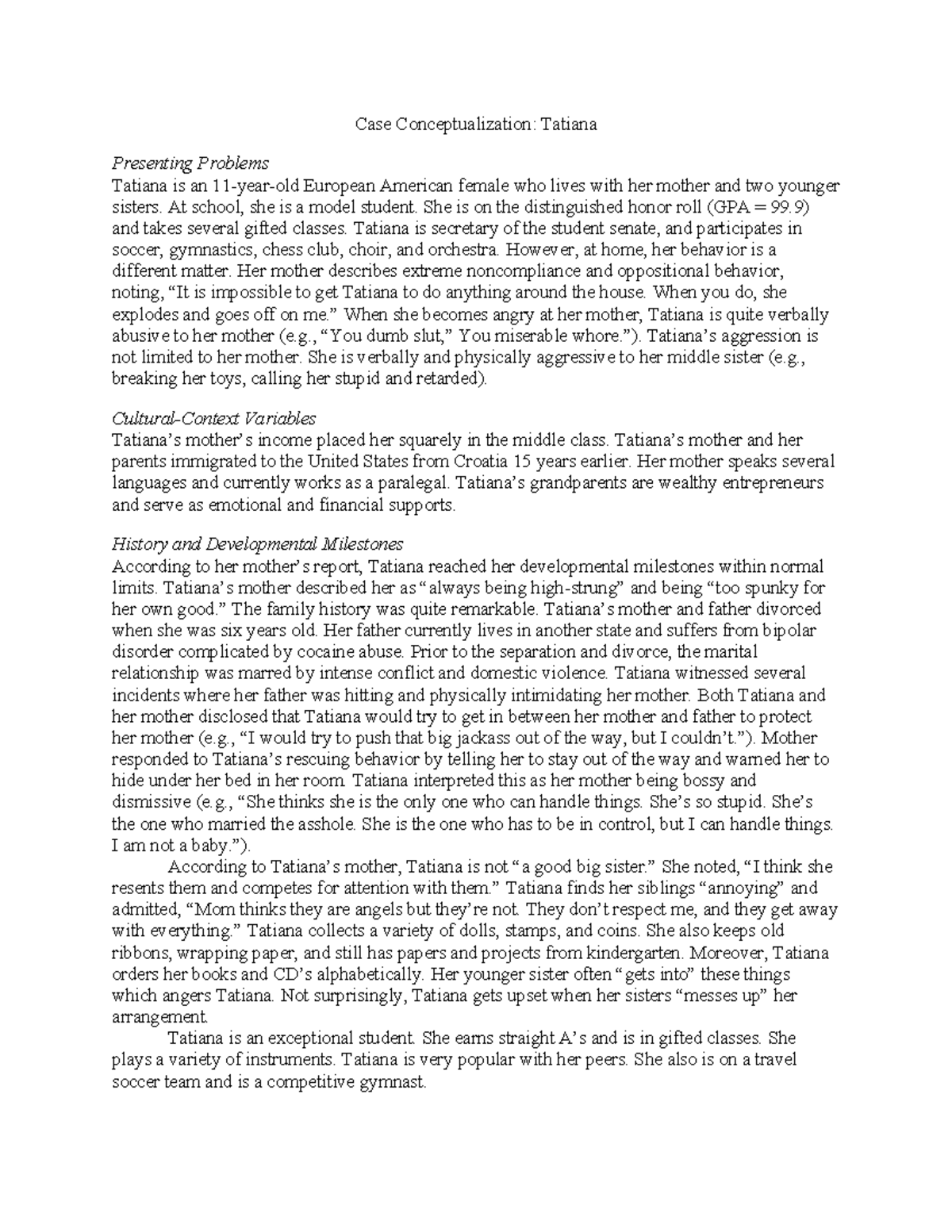 Child Case Conceptualization: Tatiana (Case Study) - Studocu
