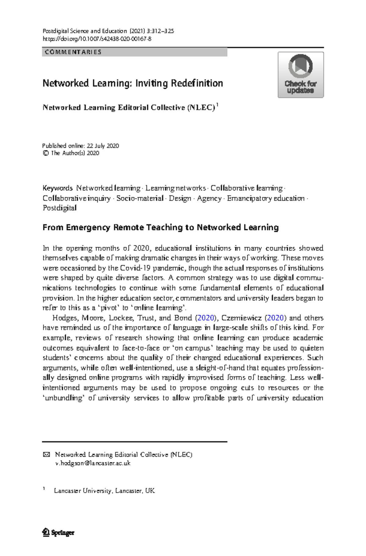 Goodyear 2021 - Lecture on Networked Learning and Education - Studocu