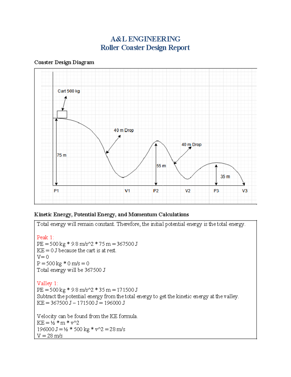 PHY 150 Project Three Roller Coaster Design Report - A&L ENGINEERING ...
