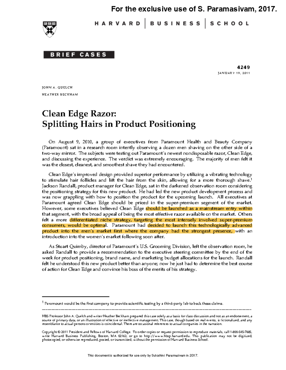 Clean Edge Razor Case Study: Product Positioning Strategies in MARK 301 ...