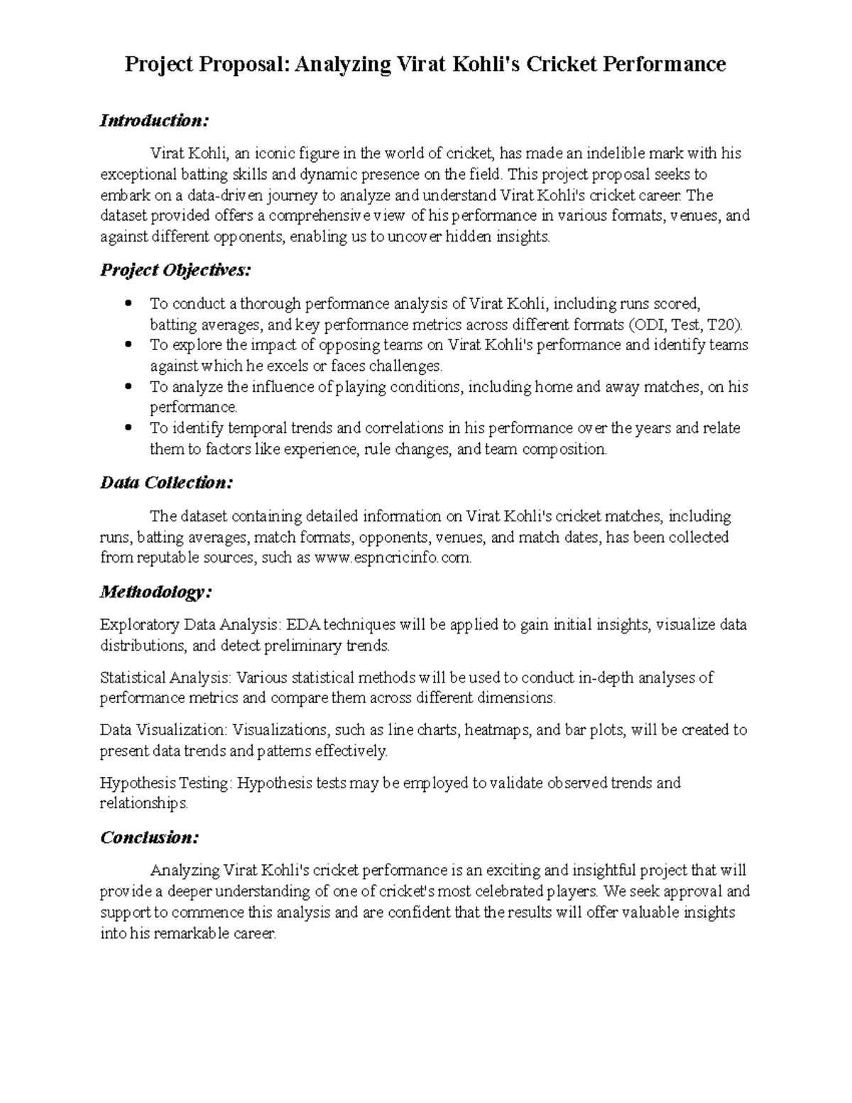 VK Project Proposal: Analyzing Virat Kohli's Cricket Performance - Studocu