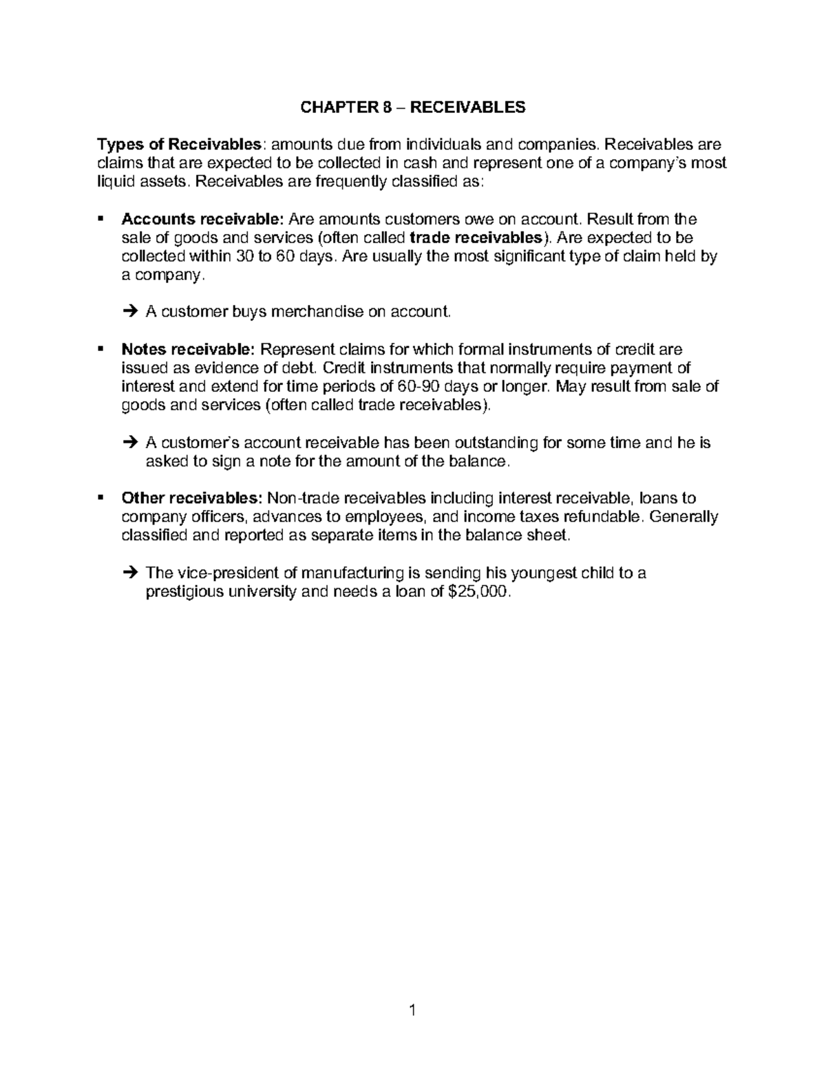 Chpt 8 lect notes - CHAPTER 8 – RECEIVABLES Types of Receivables ...