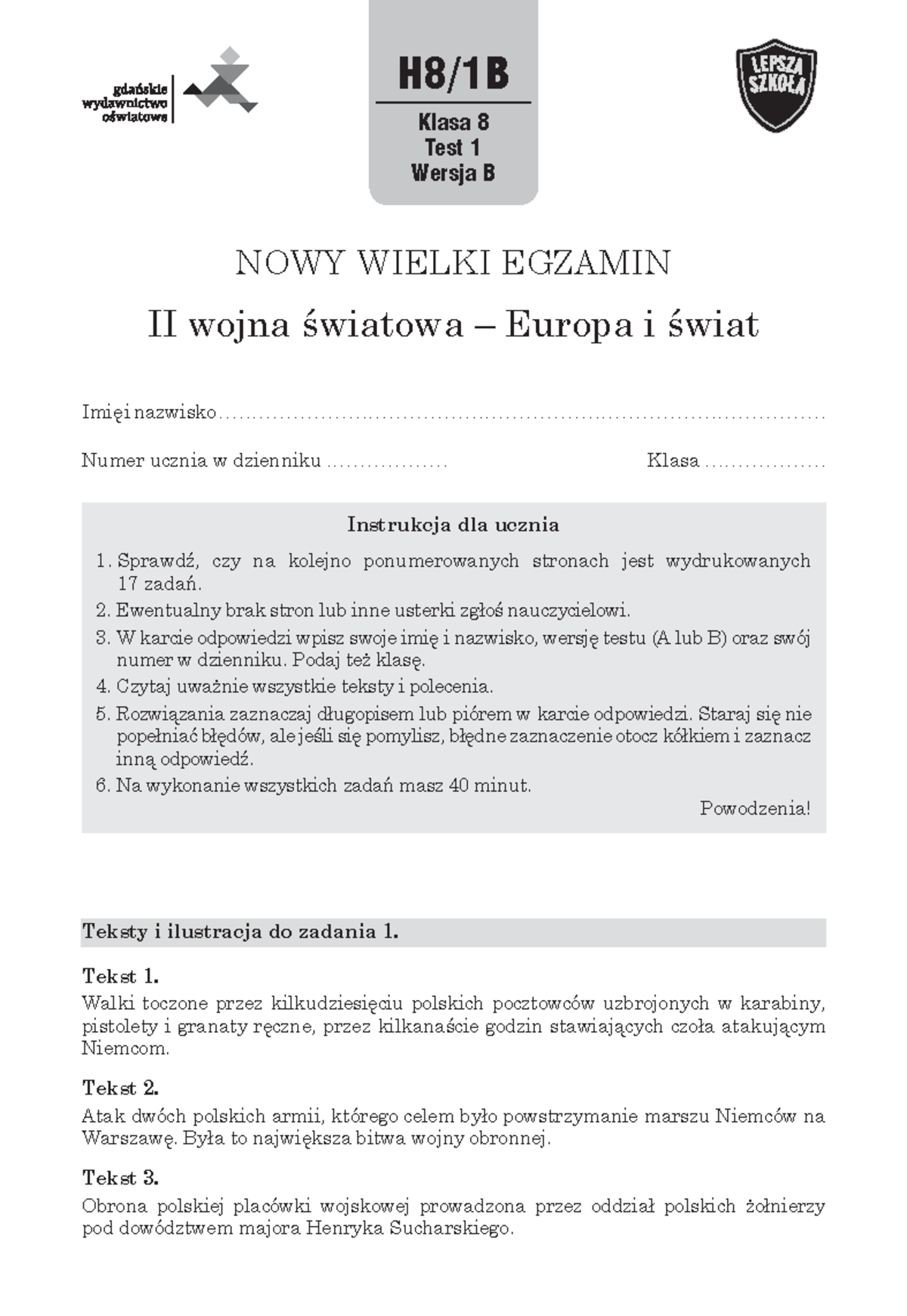 Test - Wersja B - II wojna światowa - Klasa 8 - Studocu