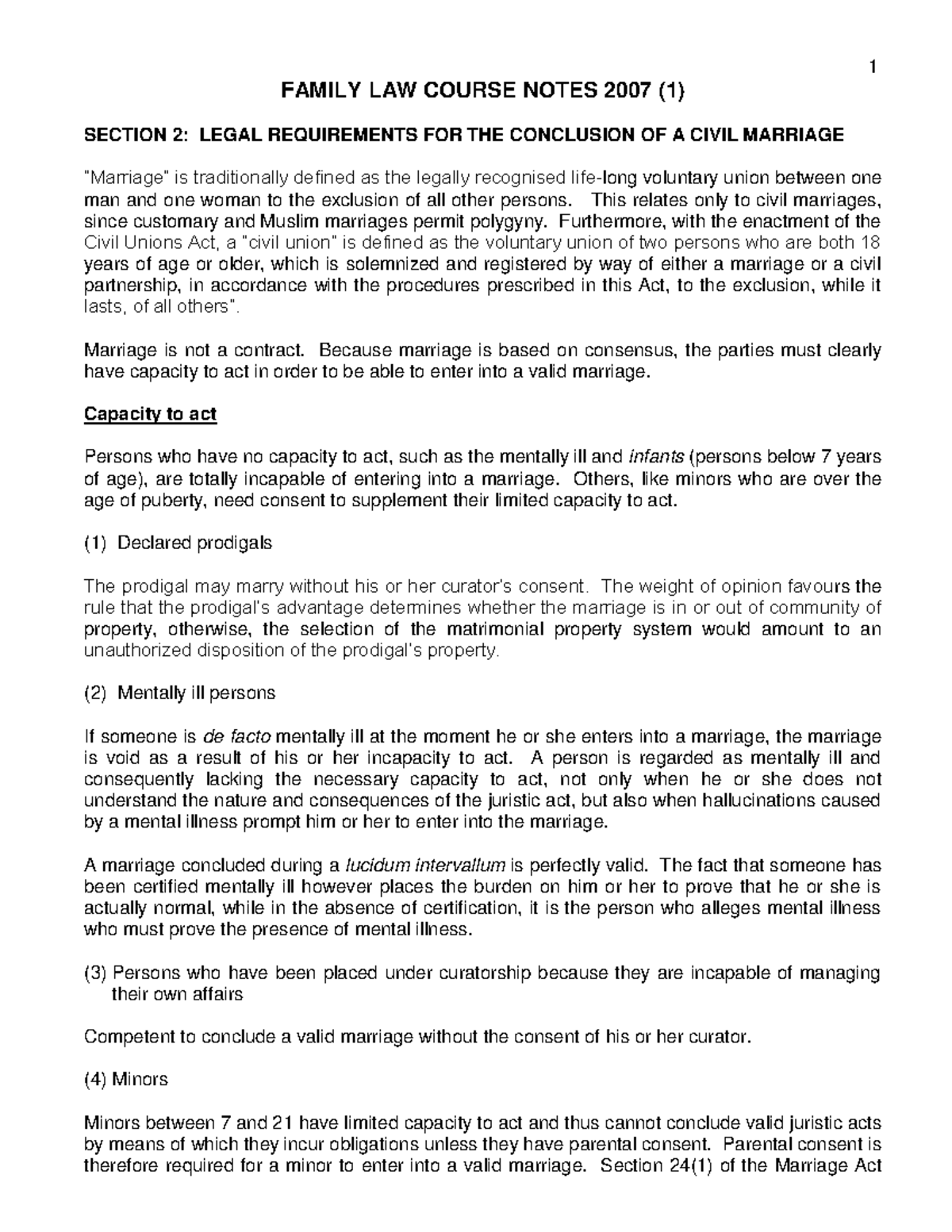 PVL2601- Family LAW Course Notes 2007 - FAMILY LAW COURSE NOTES 2007 (1 ...