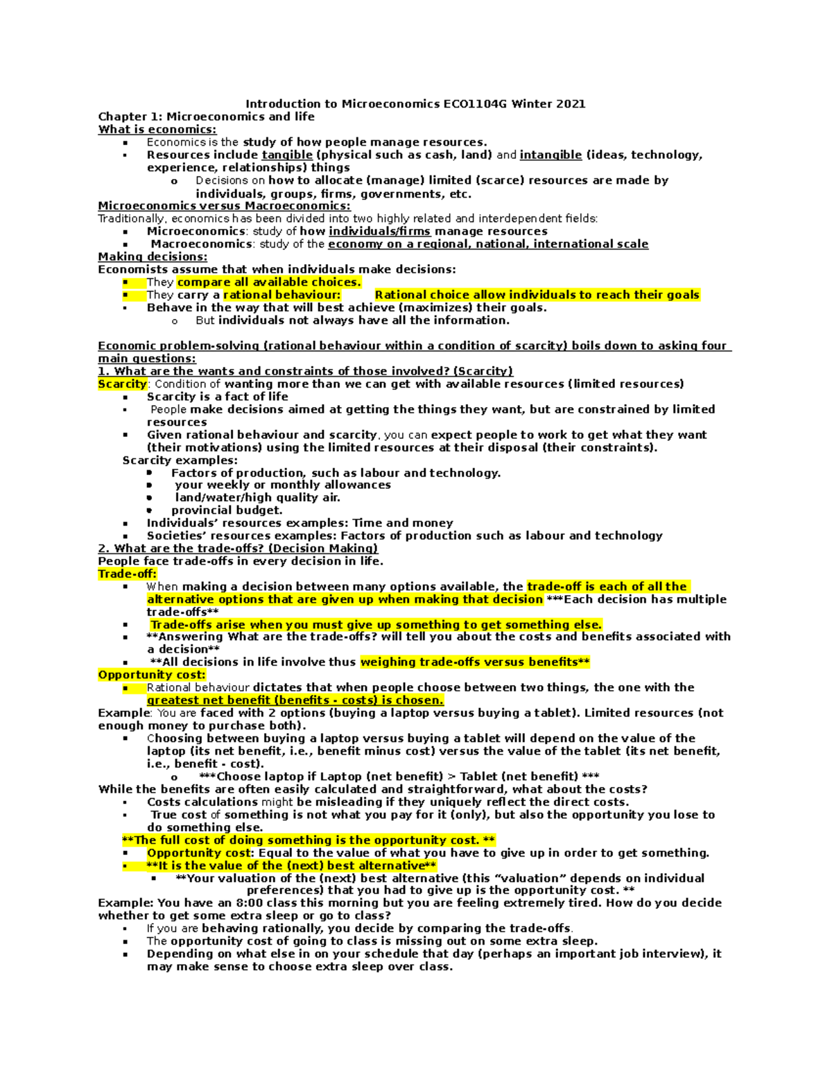 Introduction to Microeconomics ECO1104 Microeconomics notes ...