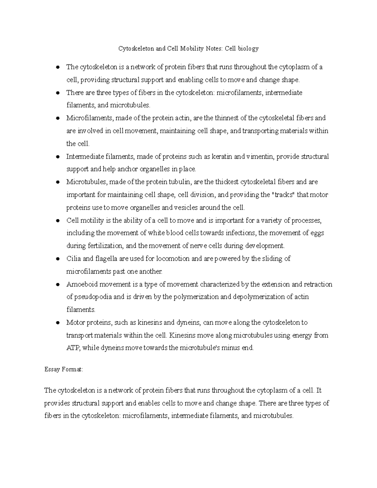 Cytoskeleton and Cell Mobility Notes for Cell Biology Study - Studocu