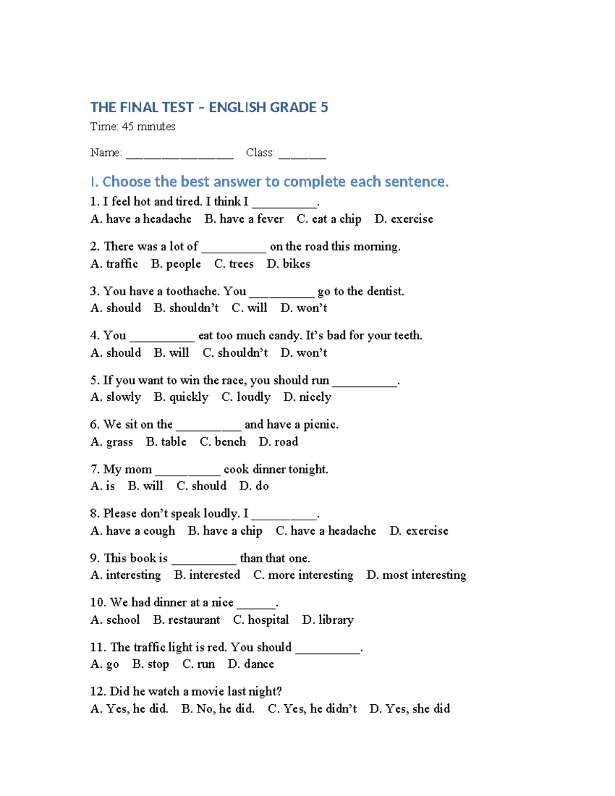 Final test English grade 5: multiple choice questions and passages ...