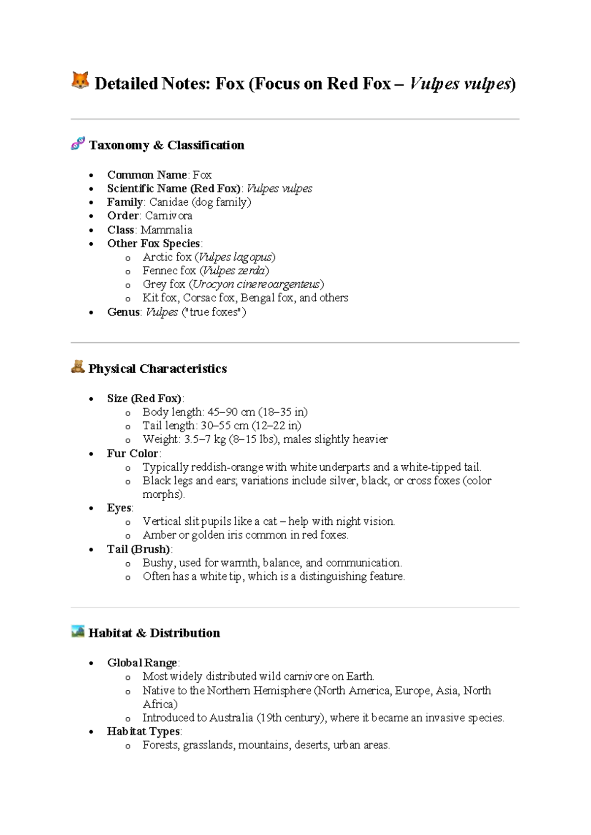 Detailed Notes: Red Fox (Vulpes vulpes) Taxonomy & Behavior - Studocu