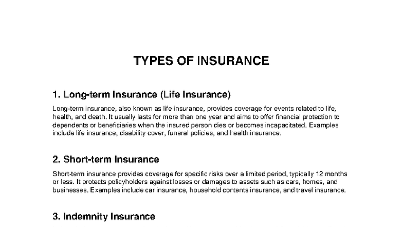 Types of Insurance - Notes (INS101) - Studocu