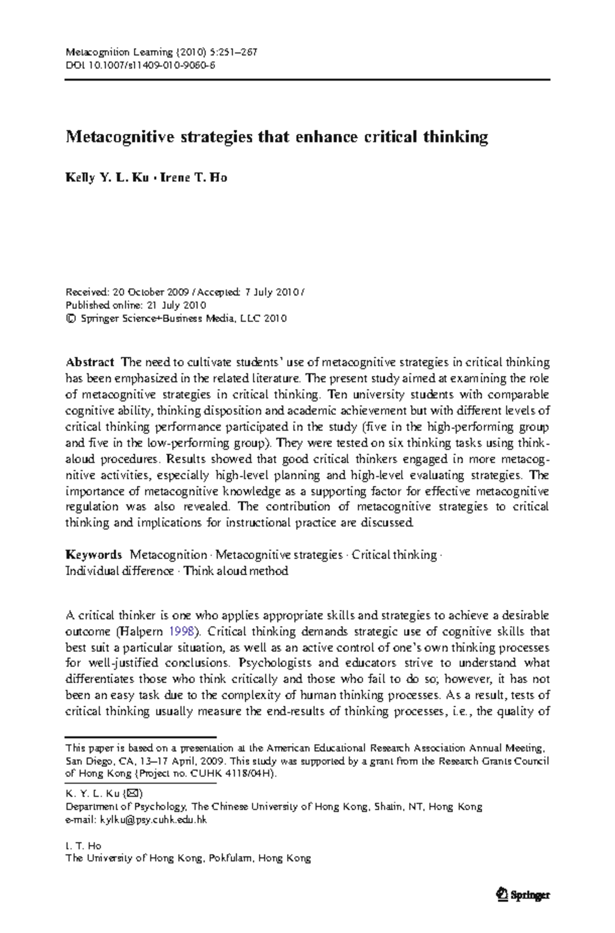 Metacognitive Strategies for Enhancing Critical Thinking Performance ...