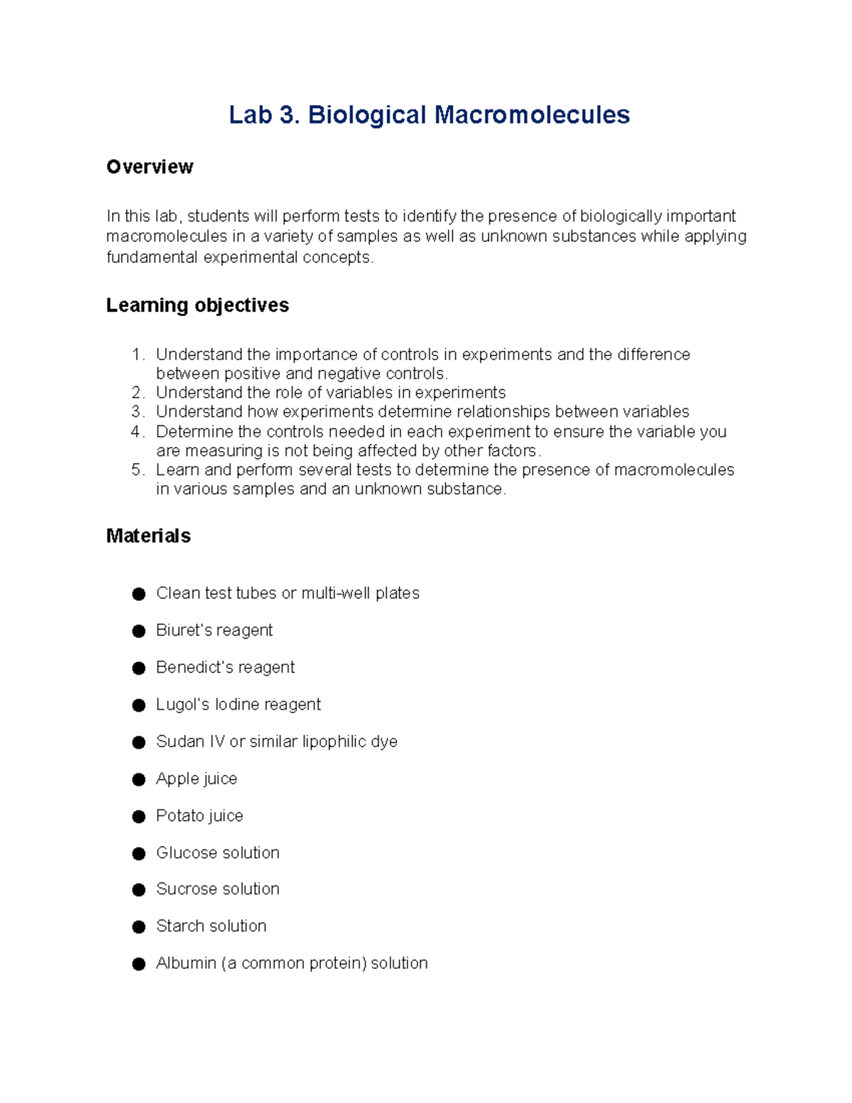 Lab 3: Overview of Biological Macromolecules and Testing Methods - Studocu