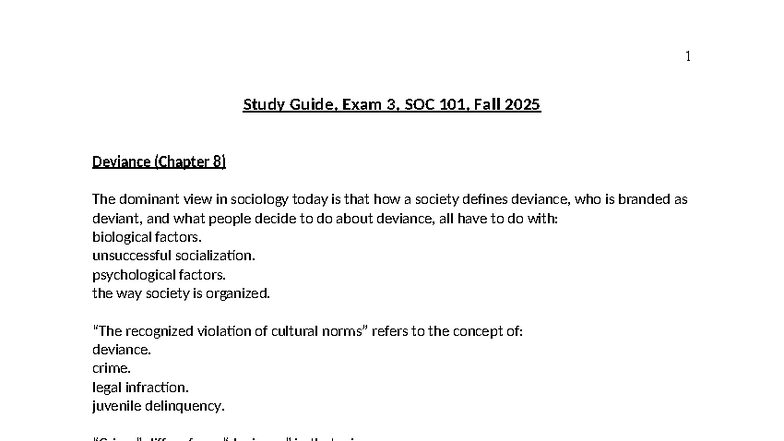 Study Guide, Exam 3, SOC 101, Fall 2025: Deviance Insights - Studocu