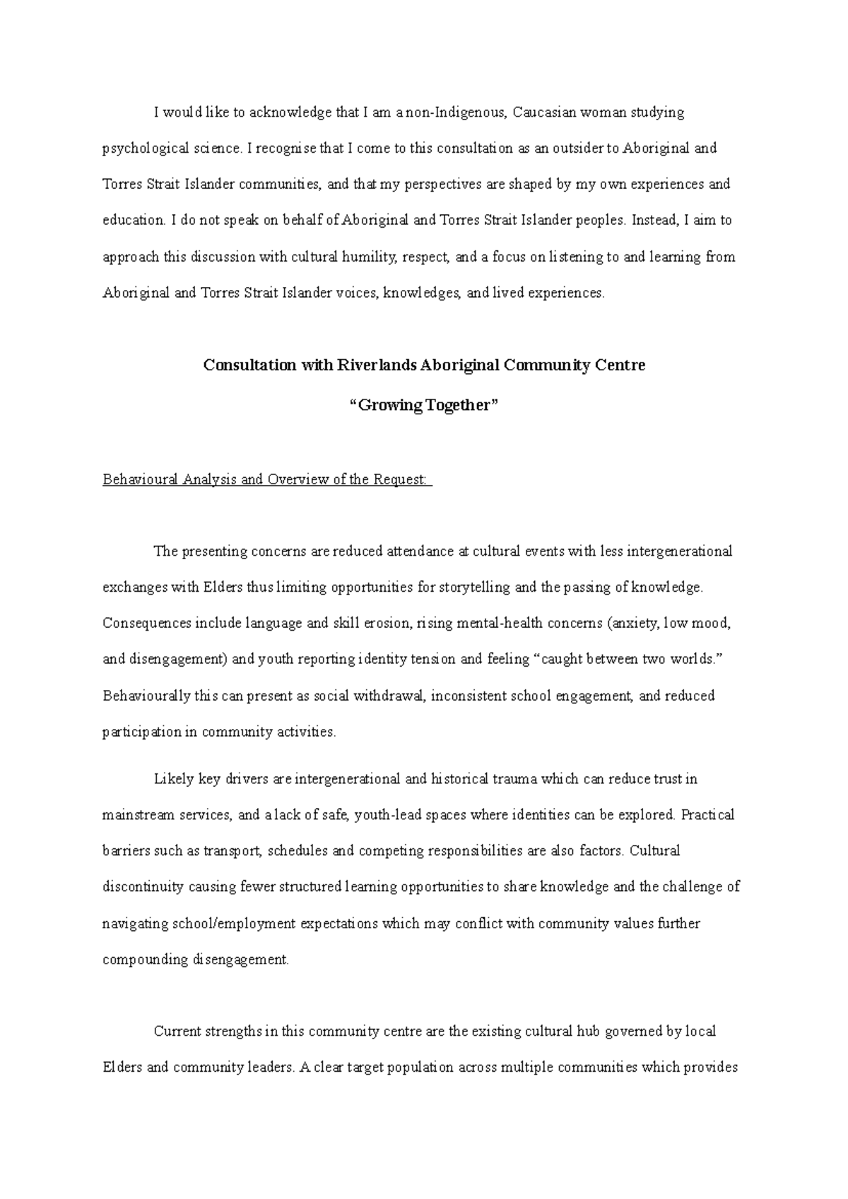 PSYC3200 Consultation Paper: Engaging Aboriginal Youth through Cultural ...