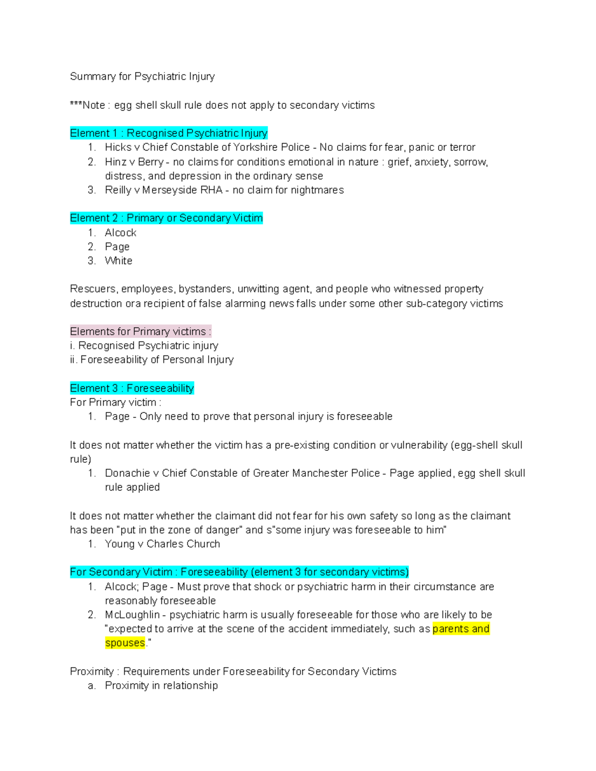 Summary of Psychiatric Injury Law: Key Elements & Case Examples - Studocu