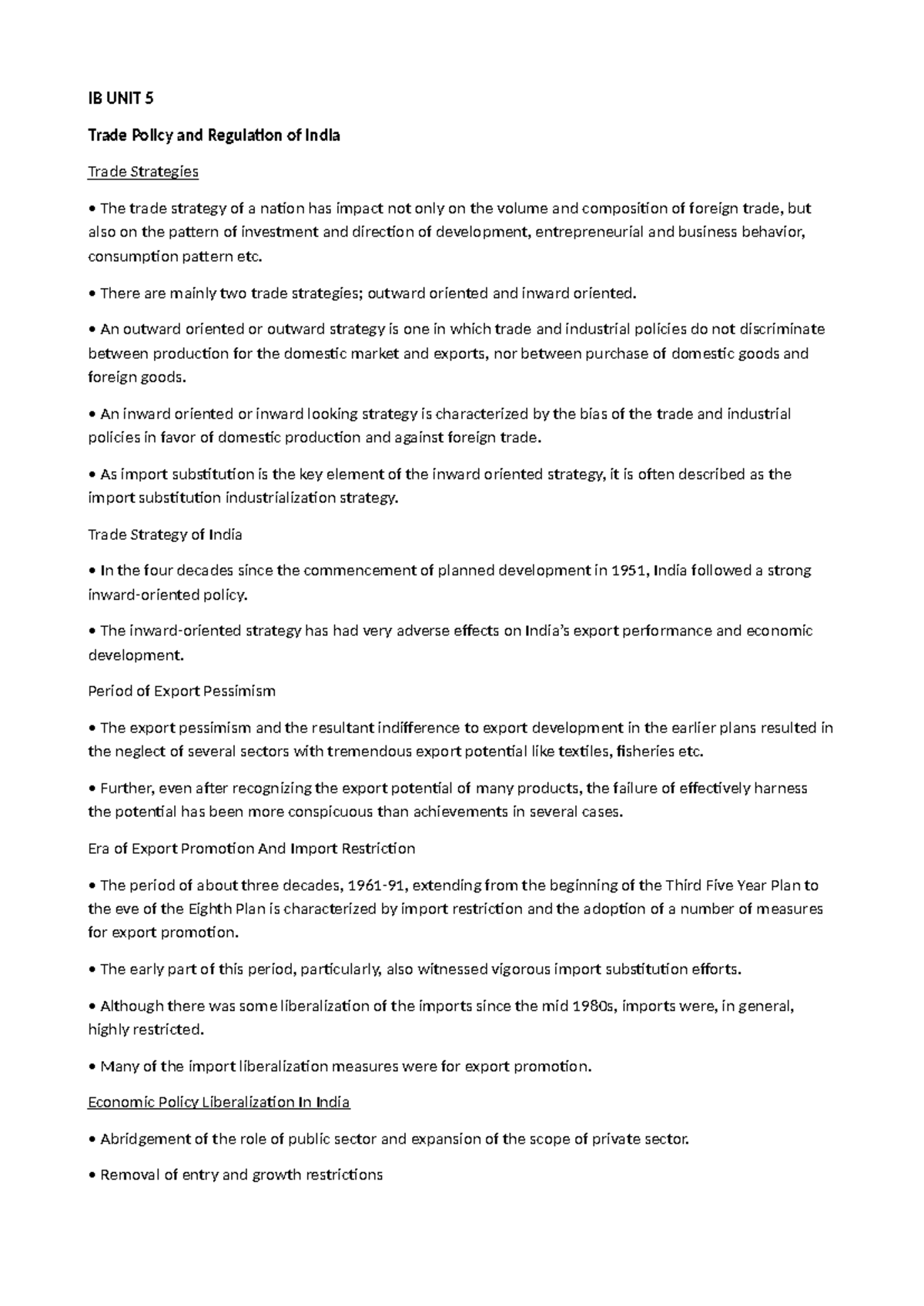 IB UNIT 5 Trade Policy and Regulation of India: Strategies and Impacts ...