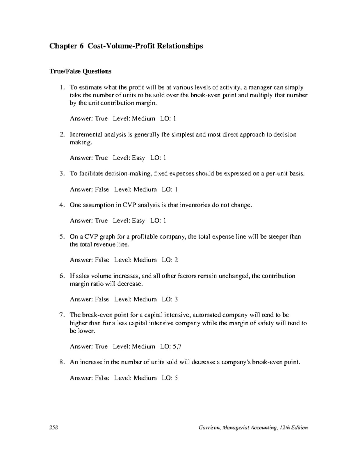 06 - Final Exam: CVP Analysis True/False Questions Guide - Studocu
