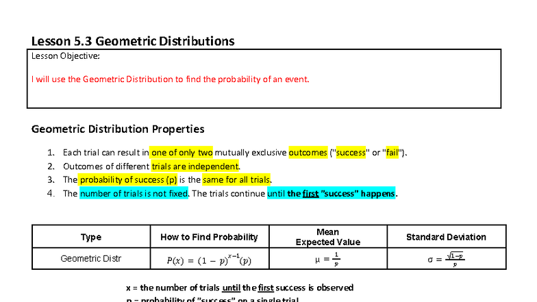 Lesson 5.3 - Understanding Geometric Distribution in Probability - Studocu