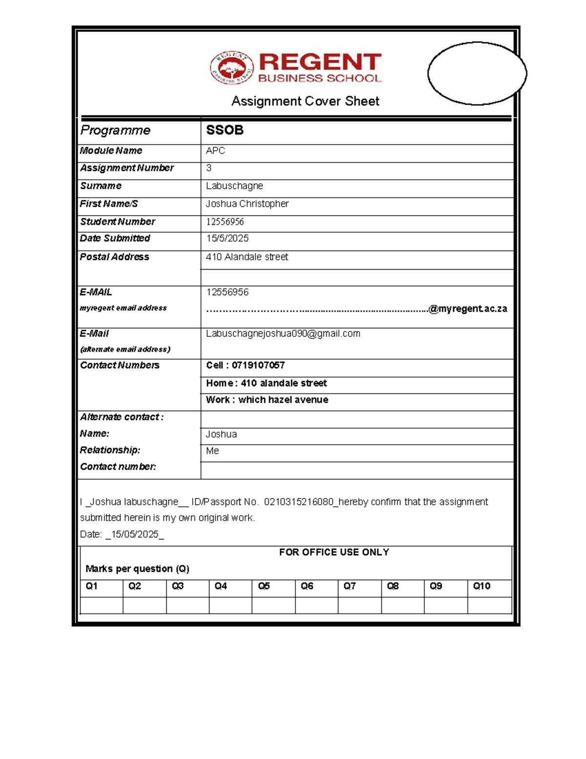 APC Assignment 3 Cover Sheet - Joshua Labuschagne (SSOB) - Studocu