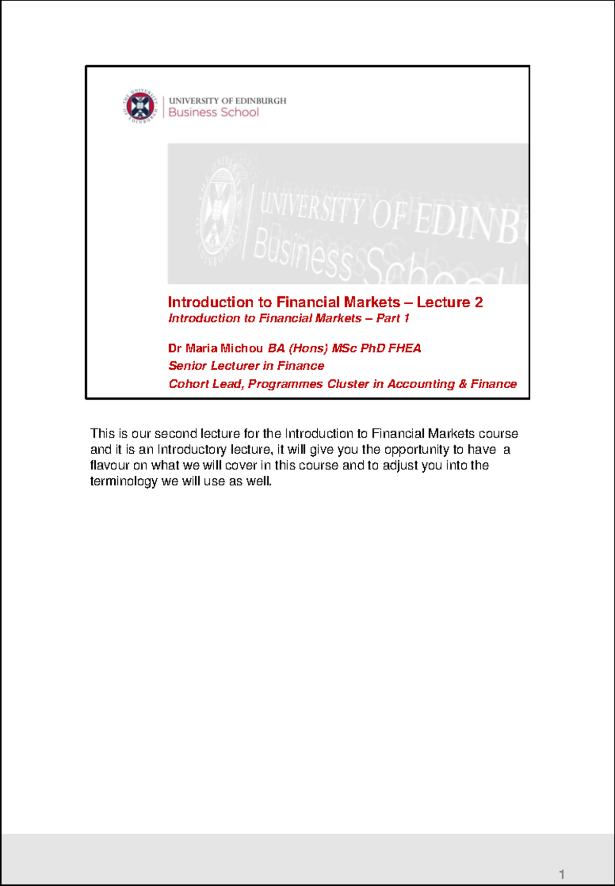 Introduction to Financial Markets - Lecture 2 Notes (FIN101) - Studocu