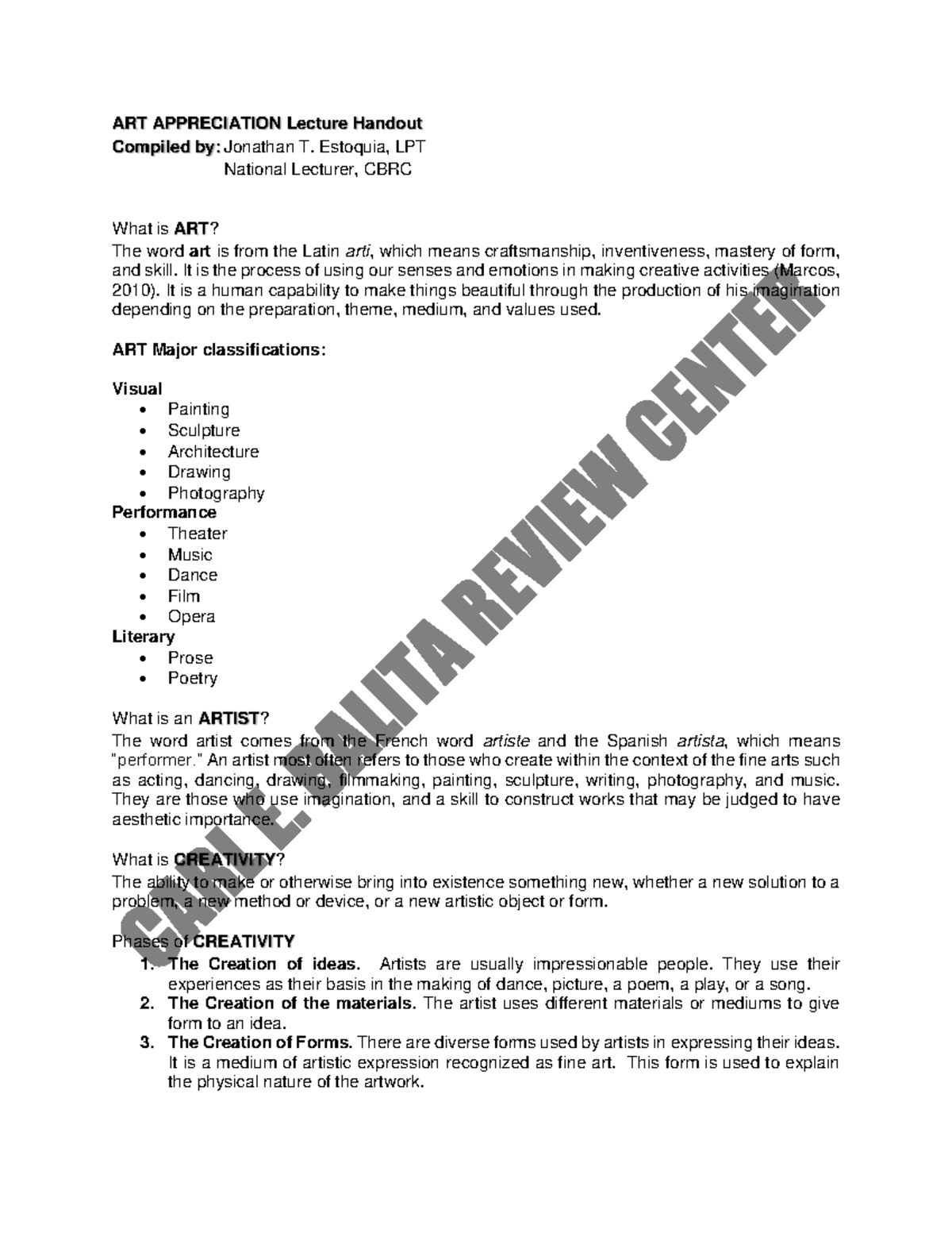 ART-APP 2023 Lecture Notes on Art Appreciation and Creativity - Studocu