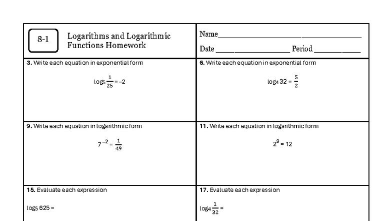 Algebra 2 Unit 8: Logarithms & Exponential Functions Homework 3 - Studocu