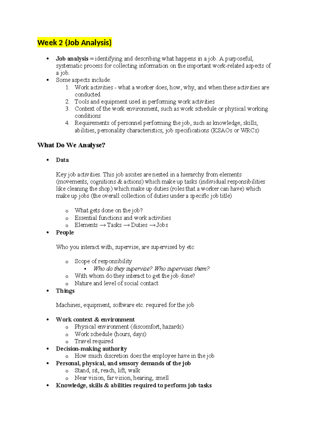 Week 3 (Job Analysis) Comprehensive Overview of Job Analysis Methods ...
