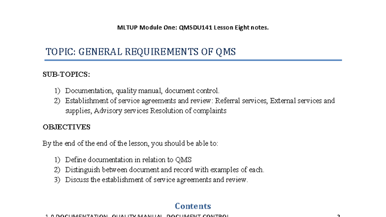 MLTUP QMSDU141 Lesson 8: General Requirements of QMS Notes - Studocu
