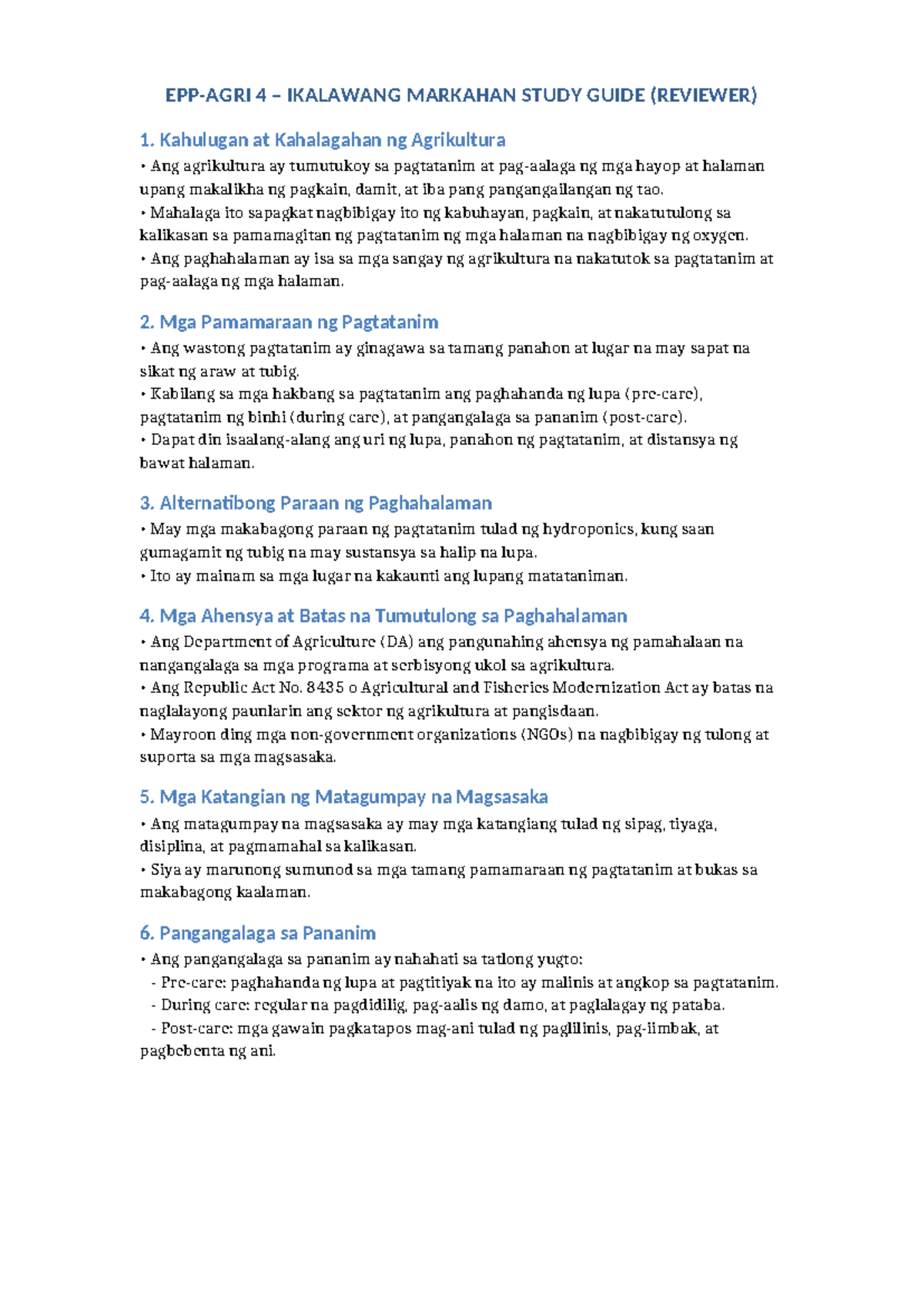 EPP4 Q2 Study Guide: Agrikultura at Paghahalaman - Studocu